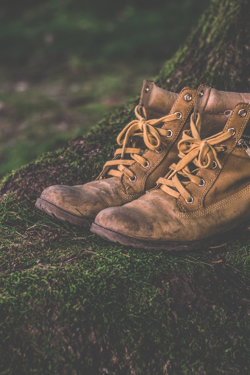 Brown leather hiking boots and cup on a moss-covered forest background, evoking adventure.